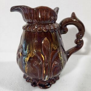 Art Pottery Small Pitcher Glazed Brown Unique Signed  6"